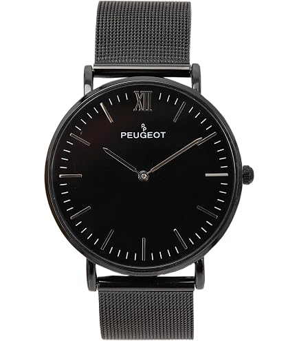 mens black dress watch Peugeot Men's Minimalist Gold Tone Leather Strap low profile timepiece finds Width:Classic 3.5