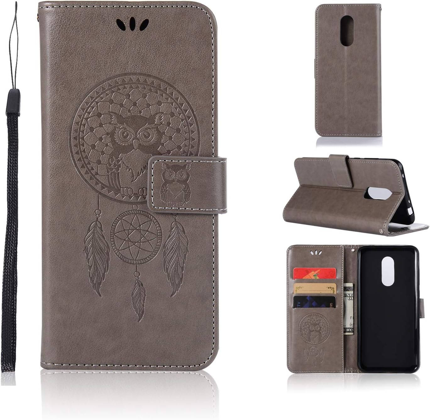 Quanqiugou Cell Phone Basic Cases Owl Embossed Pattern Cover Case PU Leather Wallet Case for Xiaomi Redmi 5 Plus (Color : Gray)