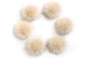 LFOUVRE Pack of 6 Faux Fox Fur Pompoms 3.9inch/10CM Furry Pom Pom Ball with Elastic Loop Knitting Crafts Hat Charm Accessories Light Camel