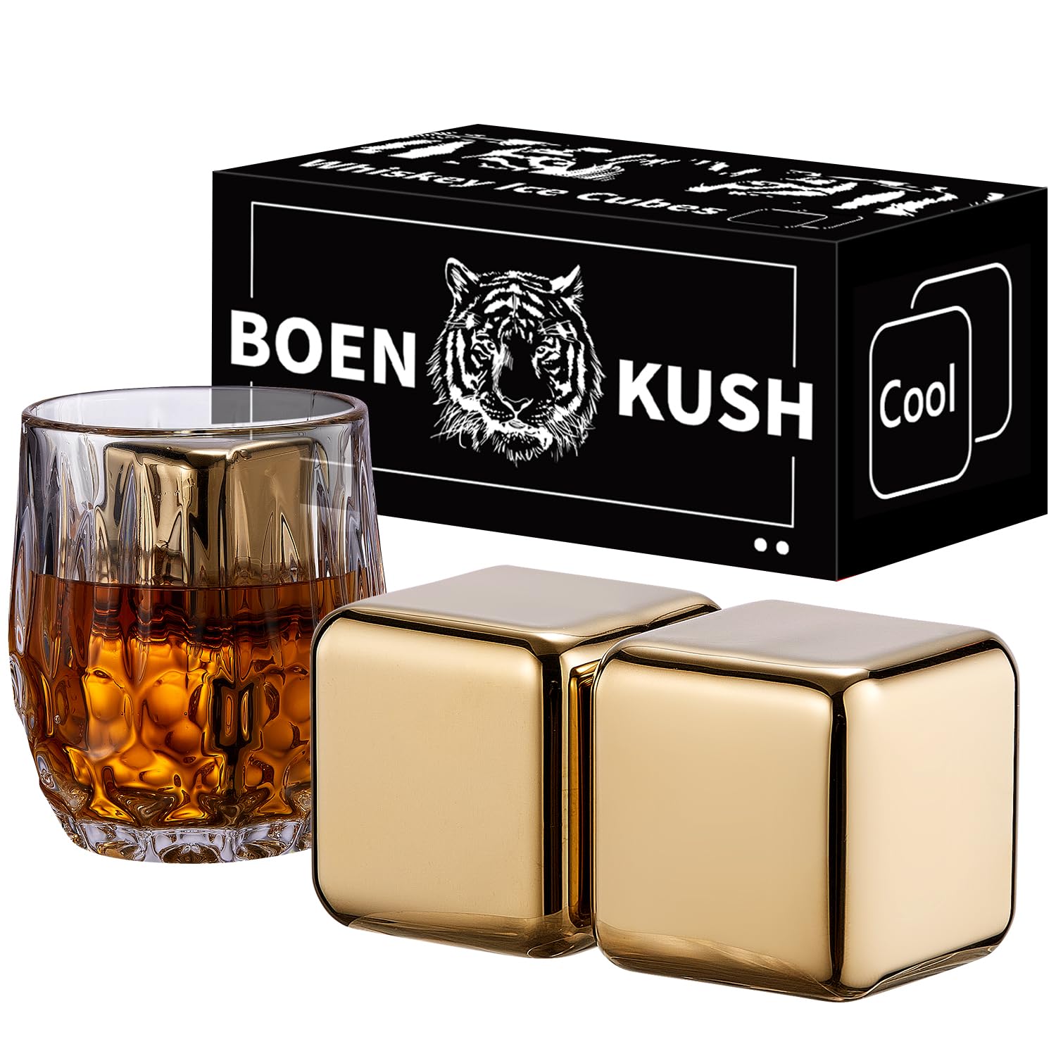 2 Large 64cm³ Whiskey Stones - Reusable Stainless Steel Metal Ice Sphere Cubes Beverage Chilling Rocks Whiskey Stones for Red Wine, Bar Beer, Scotch, Vodka Drinks - Gold