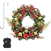 TXRXIZ 16 Inch Pre-Lit Christmas Door Wreath with Timer & Hanger & 50LED Warm Lights, Decor with Bow & Golden Ball & Star ect., Artificial Christmas Wreath for Door & Window & Fireplace