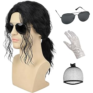 YTbeauty 5Pcs Set- Black Curly Wig + Sequin Glove + Sunglasses + Hair Tie + Wig Cap for Men Women Performance Costume Cosplay