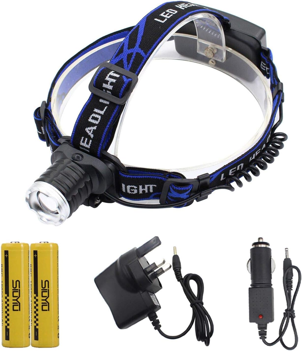 Rechargeable Led Head Torch, Siuyiu Running Headlamp, 3000 Lumens Super Bright Waterproof Headlight, XML-T6 Zoomable Headlamp with 5 Colors of Light Lenses, 2 x Batteries for Biking Camping Hunting