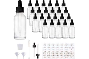 Comrzor 24 Pack 1oz Clear Glass Bottles with Glass Eye Droppers for Essential Oils, Perfumes & Lab Chemicals (Brush, Funnels, 2 Extra Droppers, 36 Pieces Labels & 30ml Measuring Cup Included)