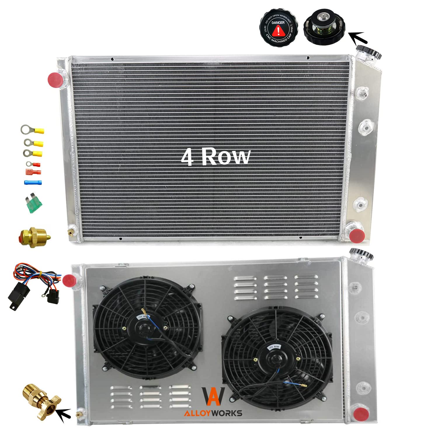 Photo 1 of ALLOYWORKS 4 Row Core Aluminum Radiator Fan Shroud Relay for 1973-1991 Chevy C K Series C10 C20 K10 Truck Pickup GMC C25 C35 C2500 C3500 Radiators(19" Core, Multiple V8 Models, 2 X 12" Fan)