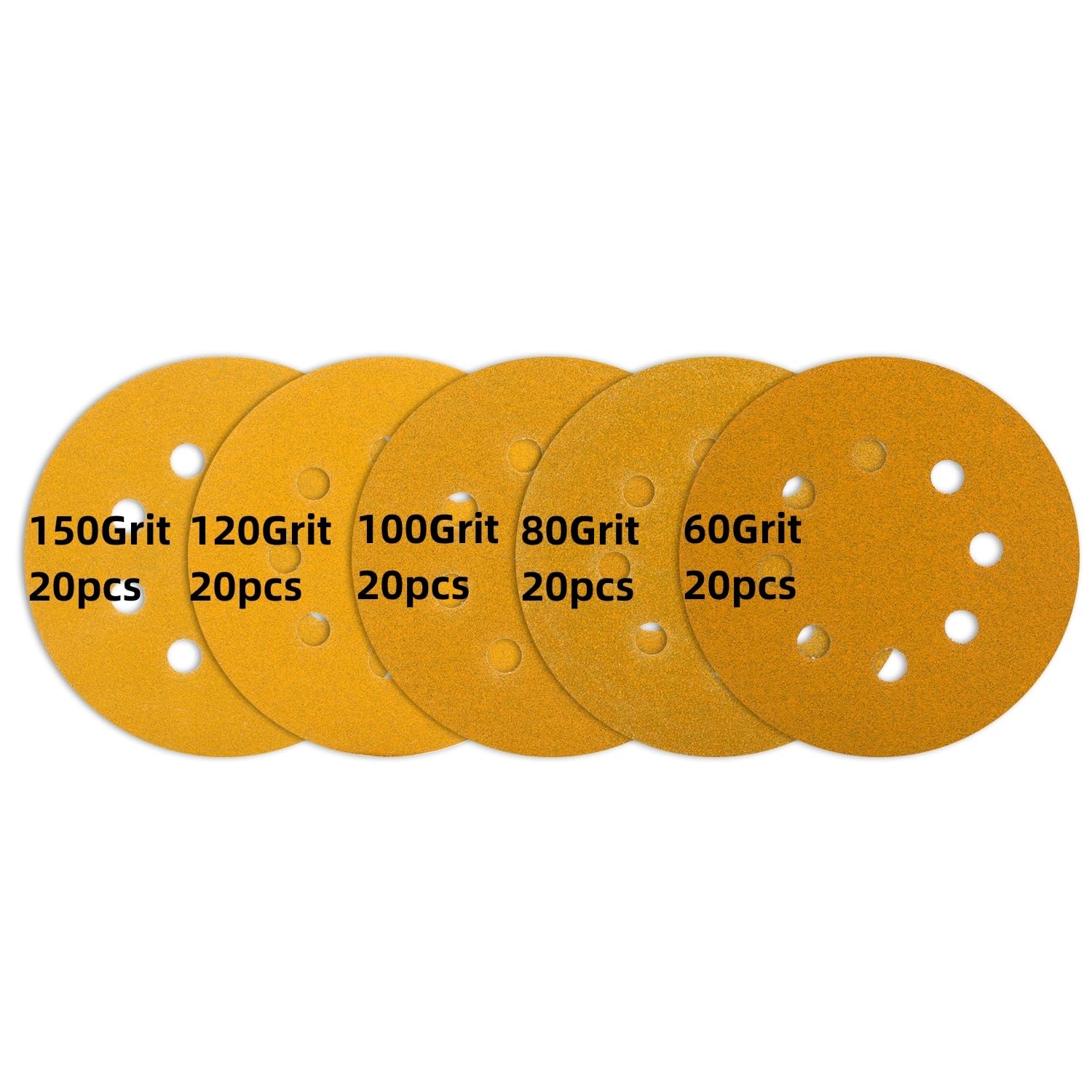 100 pcs Sanding Discs - 5 inch/125 mm, 8 Holes, Hook and Loop Sanding Pads for Random Orbital Sanders,Yellow-60/80/100/120/150Grit — image 1