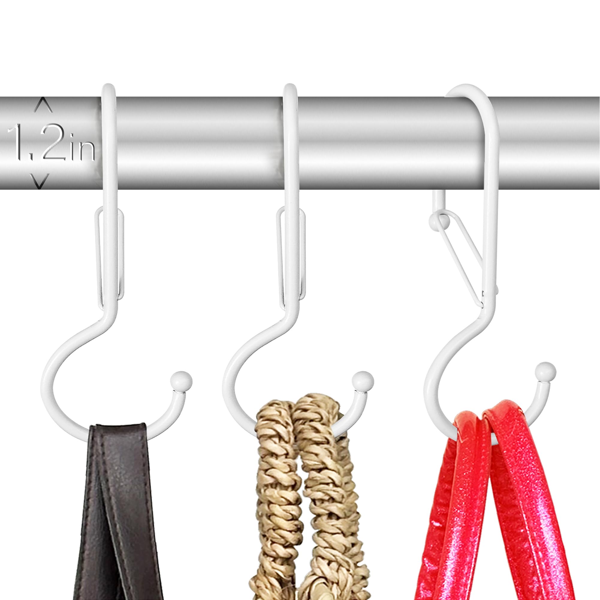 Blau Marité 6-Pack Twisted S-Shaped Hooks with Safety Buckle – Heavy-Duty Anti-Drop Hangers for Handbags, Tote Bags, and Briefcases – Fits Bars up to 1.2 inches in Diameter – White