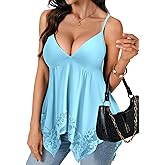 Rooscier Women's Contrast Lace Ruched V Neck Sleeveless Peplum Asymmetrical Tank Tops