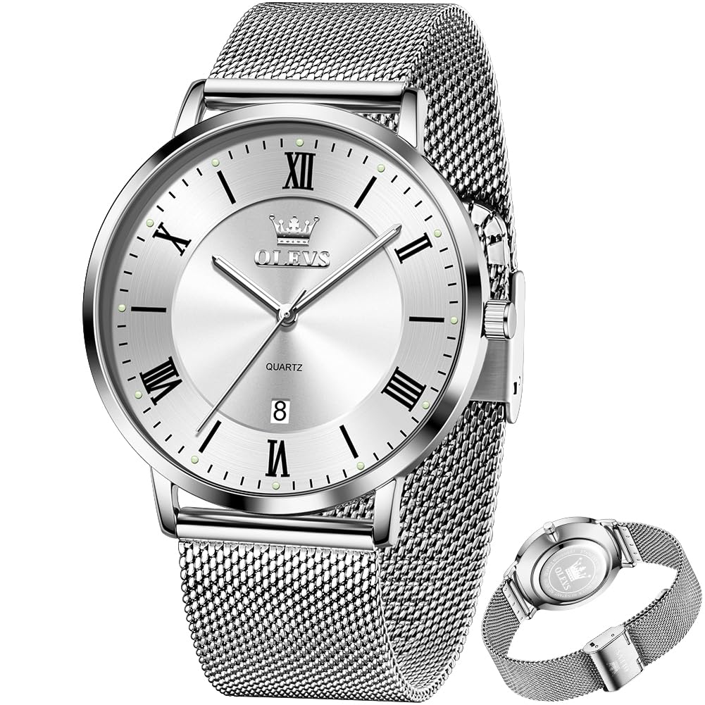 Photo 1 of OLEVS Silver Watch for Men Simple Business Dress Analog Quartz Stainless Steel Waterproof Luminous Date Diamond Men Watches