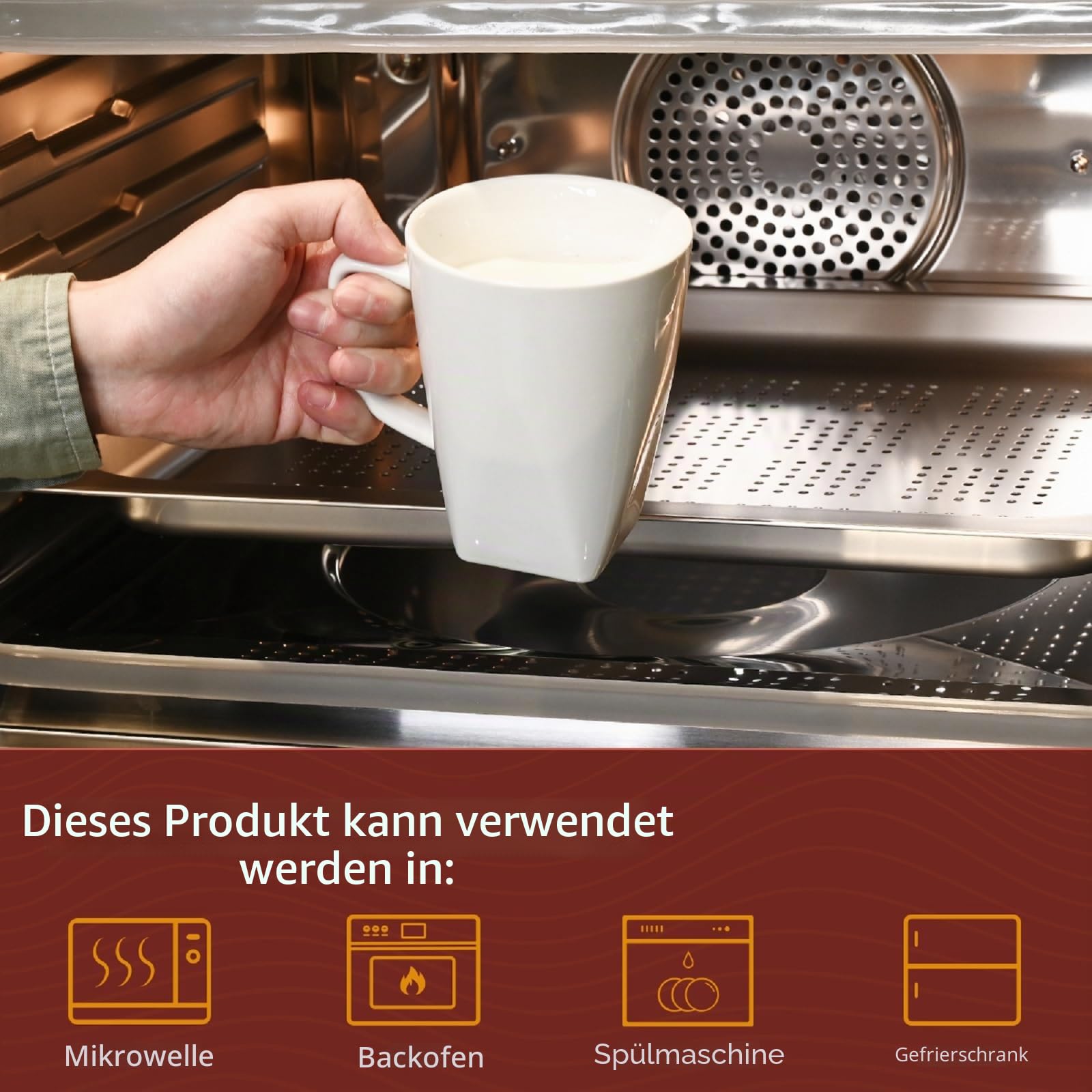 WishDeco Kaffeebecher 6er Set, Kaffeetassen Porzellan Weiß 400ml, Kaffee Tassen Groß mit Henkel, Tassen Set für Cappuccino Tee Milch Heißgetränke, Eckig Boden 8