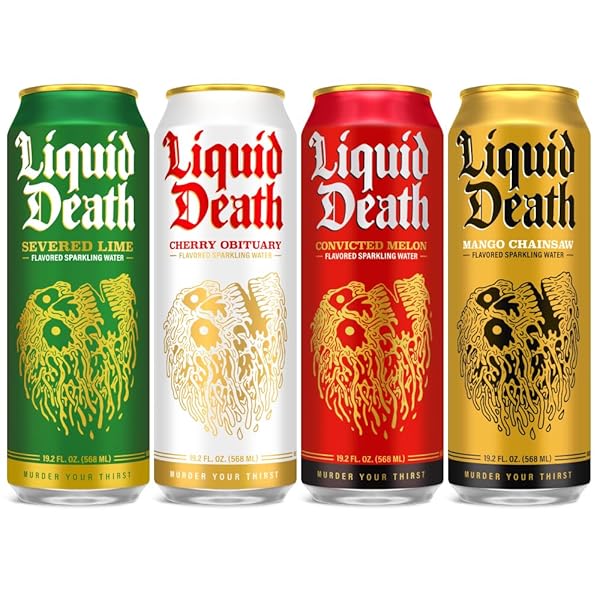 LIQUID DEATH SODA-FLAVORED SPARKLING WATER VARIETY 12-PACK (19.2OZ CANS) (SEVERED LIME, MANGO CHAINSAW, CONVICTED MELON, CHERRY OBITUARY)