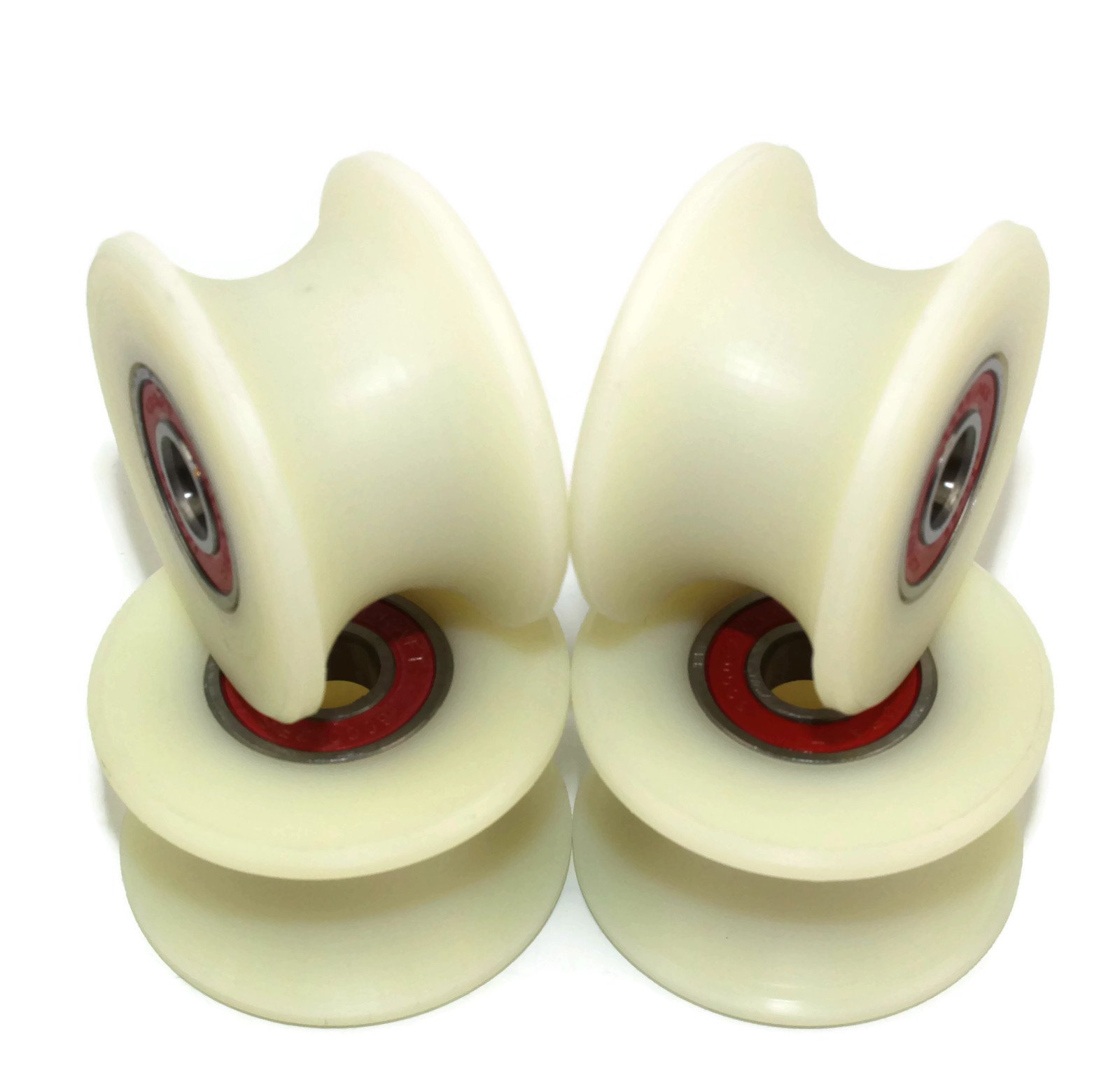 (50-25-10) Pack of 4 x 50 mm Machined Nylon Pulleys Sheaves Wheels with 25 mm Groove Made in the EU (10 mm Bearings)