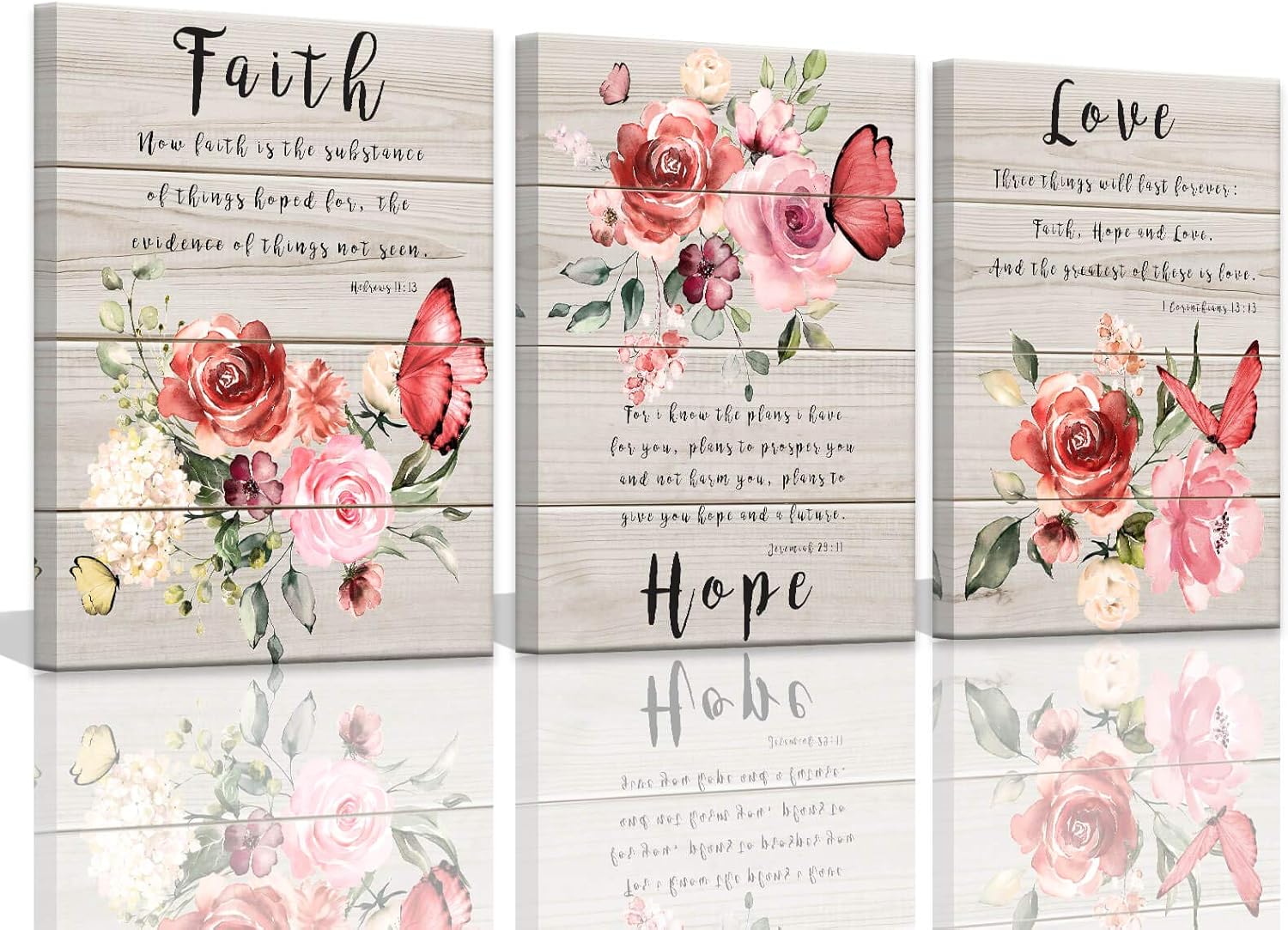 Wall Art for Bedroom Butterfly Wall Pictures Floral Paintings Faith Hope Love Quotes Inspirational Wall Art Watercolor Pink Flower Blossom Prints Bedroom Decor for Women Canvas Art 12x16inchx3pcs
