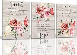 Wall Art for Bedroom Butterfly Wall Pictures Floral Paintings Faith Hope Love Quotes Inspirational Wall Art Watercolor Pink Flower Blossom Prints Bedroom Decor for Women Canvas Art 12x16inchx3pcs