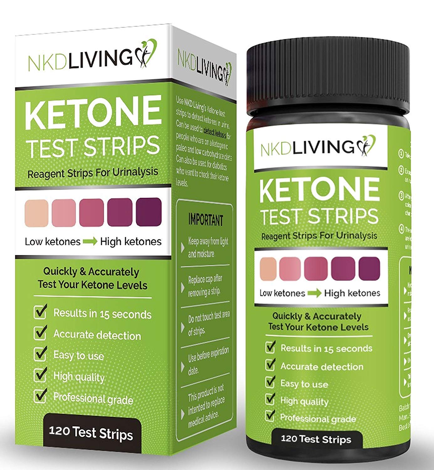 NKD Living Ketone Test Strips (120 Strips in 2 x 60 Keep Fresh Packs) Accurately Detect and Measure your state of ketosis in seconds.