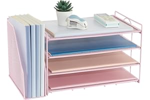 LEKETREE Desk Organizers and Accessories, 4-Tier Paper Letter Tray Organizer with File Holder, Desktop Organizer for Office Supplies, Office Desk Accessories & Workspace (Pink)