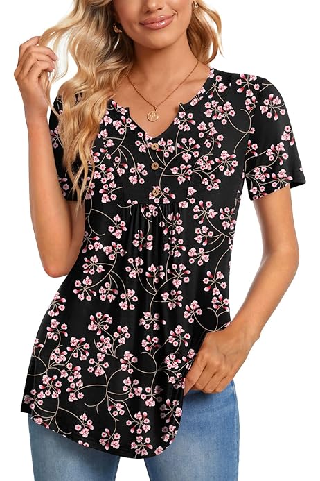 junefish women's summer pleated short sleeve tunic tops flare blouse