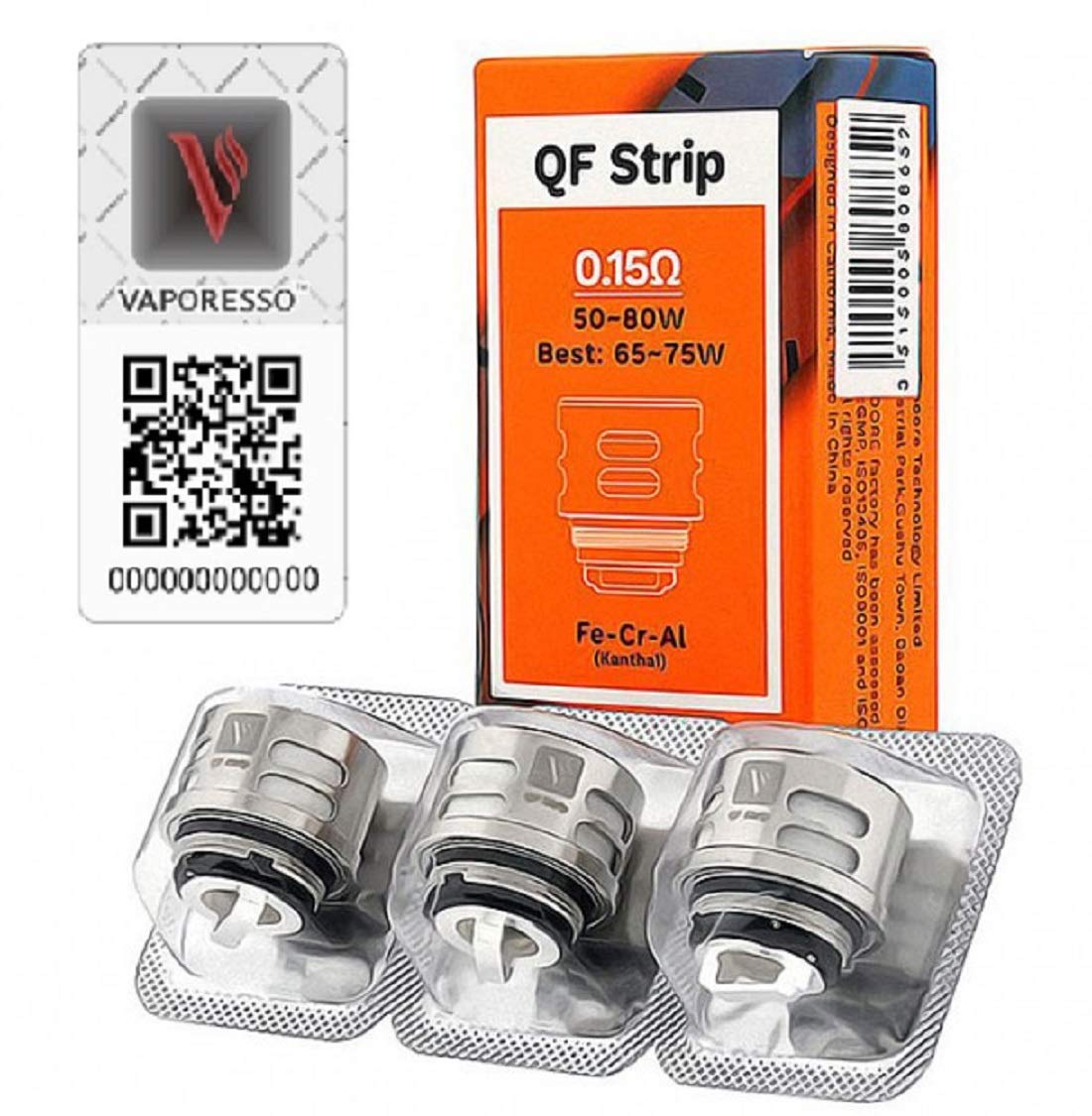 Vaporesso QF Strip Flax Fiber/Cotton 0.15-ohm Coil 50-80 watts for Skrr, Cascade Tank (3PCS) No Nicotine or Tobacco