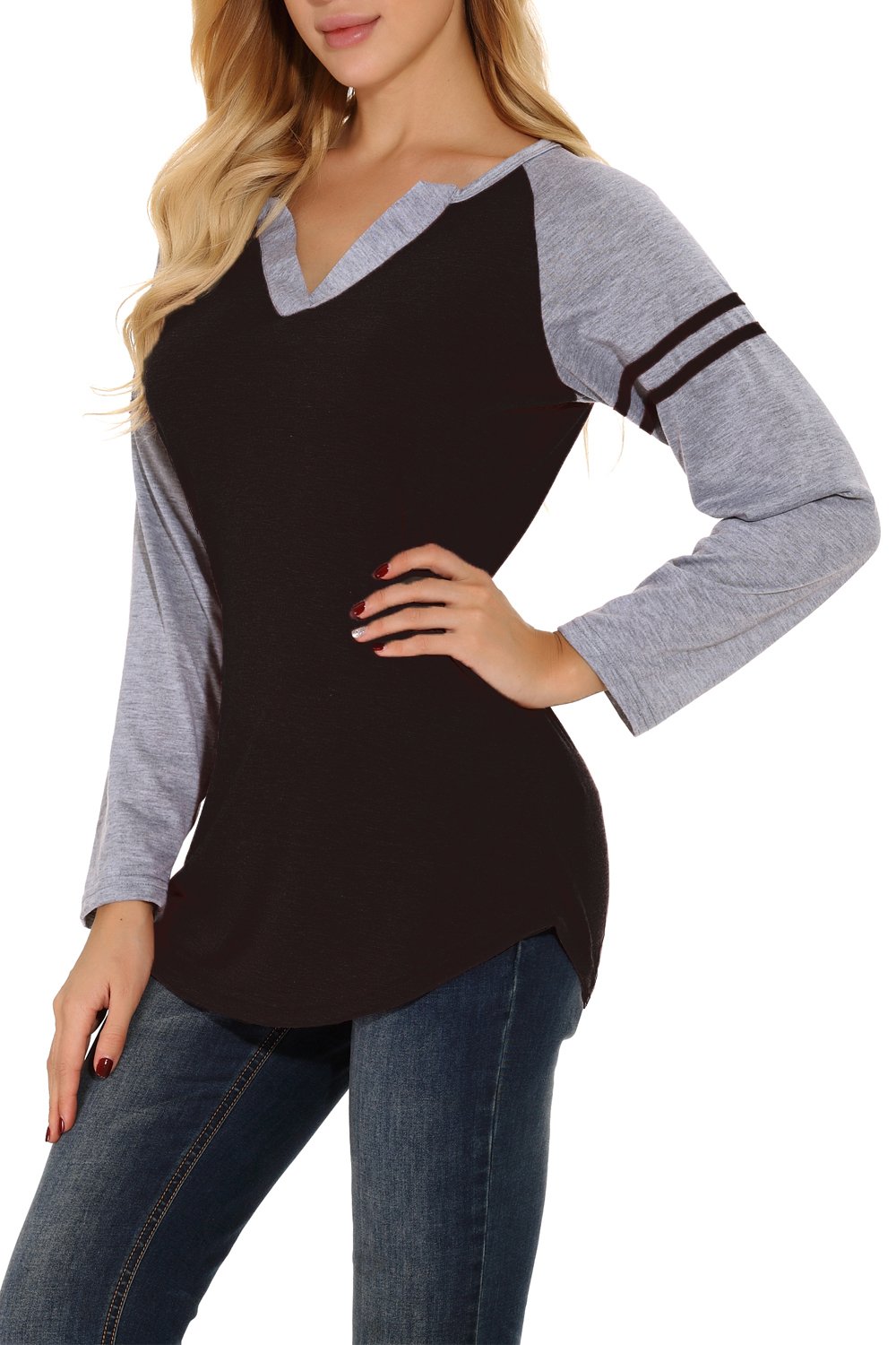 Chvity Womens Raglan Sleeve Striped Tee V Neck Baseball Fall Shirts Top (Black, Medium)