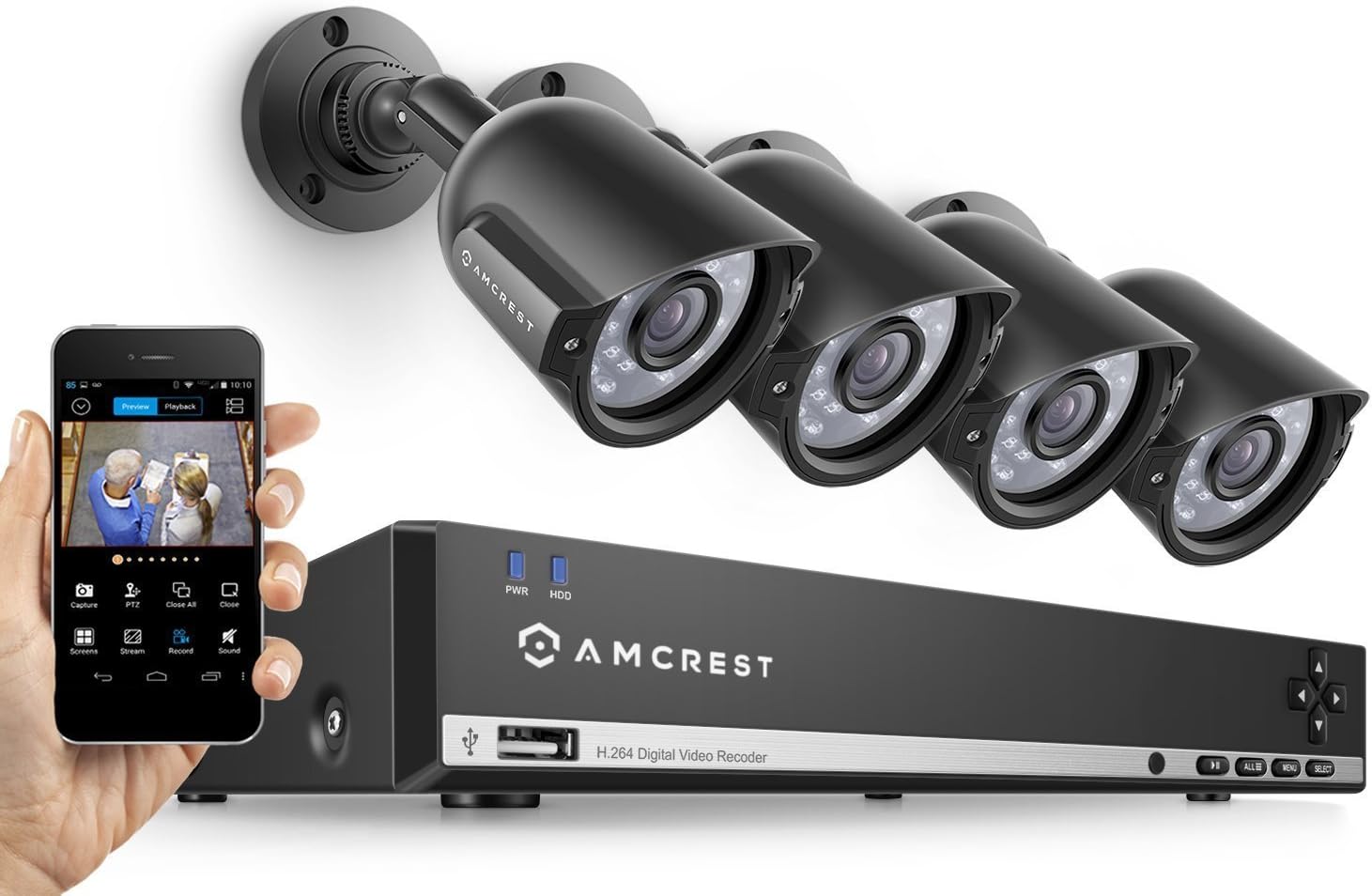 Amcrest 960H Video Security System Four 800+TVL Weatherproof Cameras, 65ft Night Vision, 984ft Transmit Range, 500GB HDD (Renewed)
