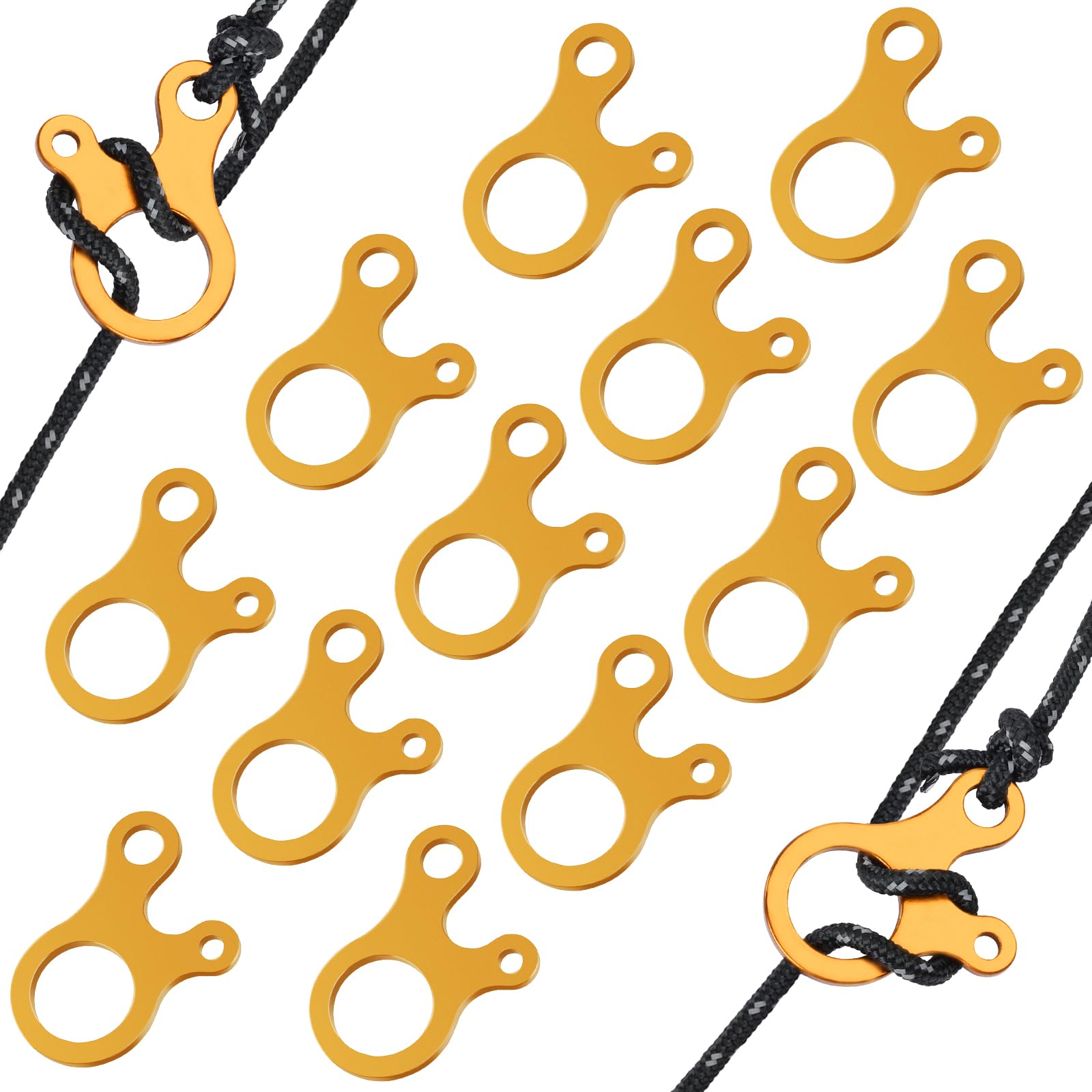 HOTUT Guyline Cord Adjuster, 12 Pcs Aluminum Rope Tensioner Cord Adjuster Wind Rope Buckle, Guy Rope Tensioners for Outdoor Activity, Tent Rope Adjuster for Hiking Camping Tent Accessory, Gold