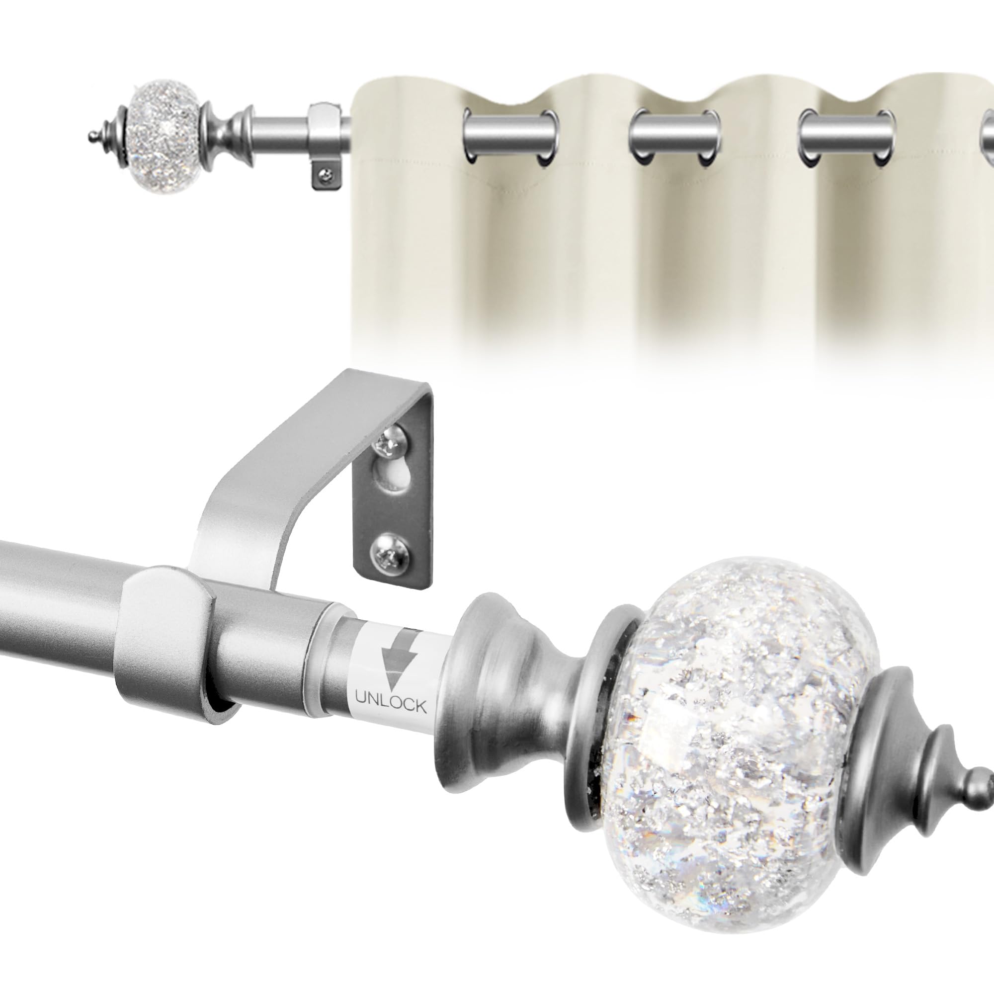 Deconovo Sturdy Door Curtain Rails 76-122cm and Fittings, Metal Extendable Curtain Rods Drilled, Adjustable Voile Curtain Poles for Eyelet Curtains, Silver Grey, 76-122cm