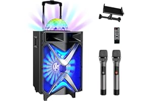 VeGue Karaoke Machine for Adults & Kids, Bluetooth Speaker PA System with 2 Wireless Microphones, 10'' Subwoofer, Disco Ball LED Light, Singing Machine for Home Karaoke, Party, Church (VS-1088)