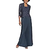 Petite Lace & Satin Gown with 3/4 Sleeve Scalloped Lace Jacket