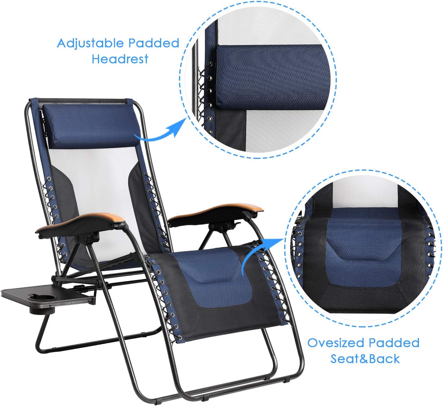 PORTAL Oversized Mesh Back Zero Gravity Recliner Chair, XL Padded Seat Adjustable Patio Lounge Chair with Lumbar Support Pillow and Side Table Support 350lbs (Dark Blue) : Garden & Outdoor