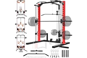 OPPSDECOR All-in-One Smith Machine Power Rack with LAT Pull Down System, Pull Up Bar, Barbell Bar, Plate Storage Pegs and More Training Attachment, Heavy Duty Smith Machine Home Gym