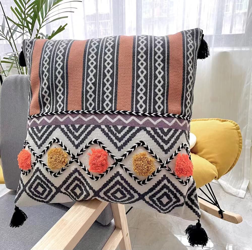 1 Bohemian Cushion Cover Sofa 45 x 45 cm Pillow Case, Boho Earth-Tones Cushion Covers Macrame Vintage Sofa Cushion with Tassels, Decorative Cushion Cover for Living Room Bedroom (C)