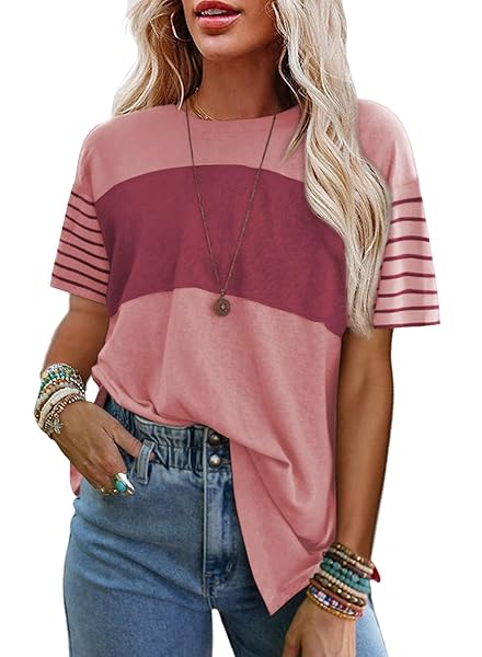 SHEWIN TOPS FOR WOMEN TRENDY 2025 CASUAL CREWNECK SUMMER SHIRTS STRIPED SHORT SLEEVE TEE OVERSIZED TSHIRTS FOR WOMEN LOOSE FIT PINK PURPLE XXL