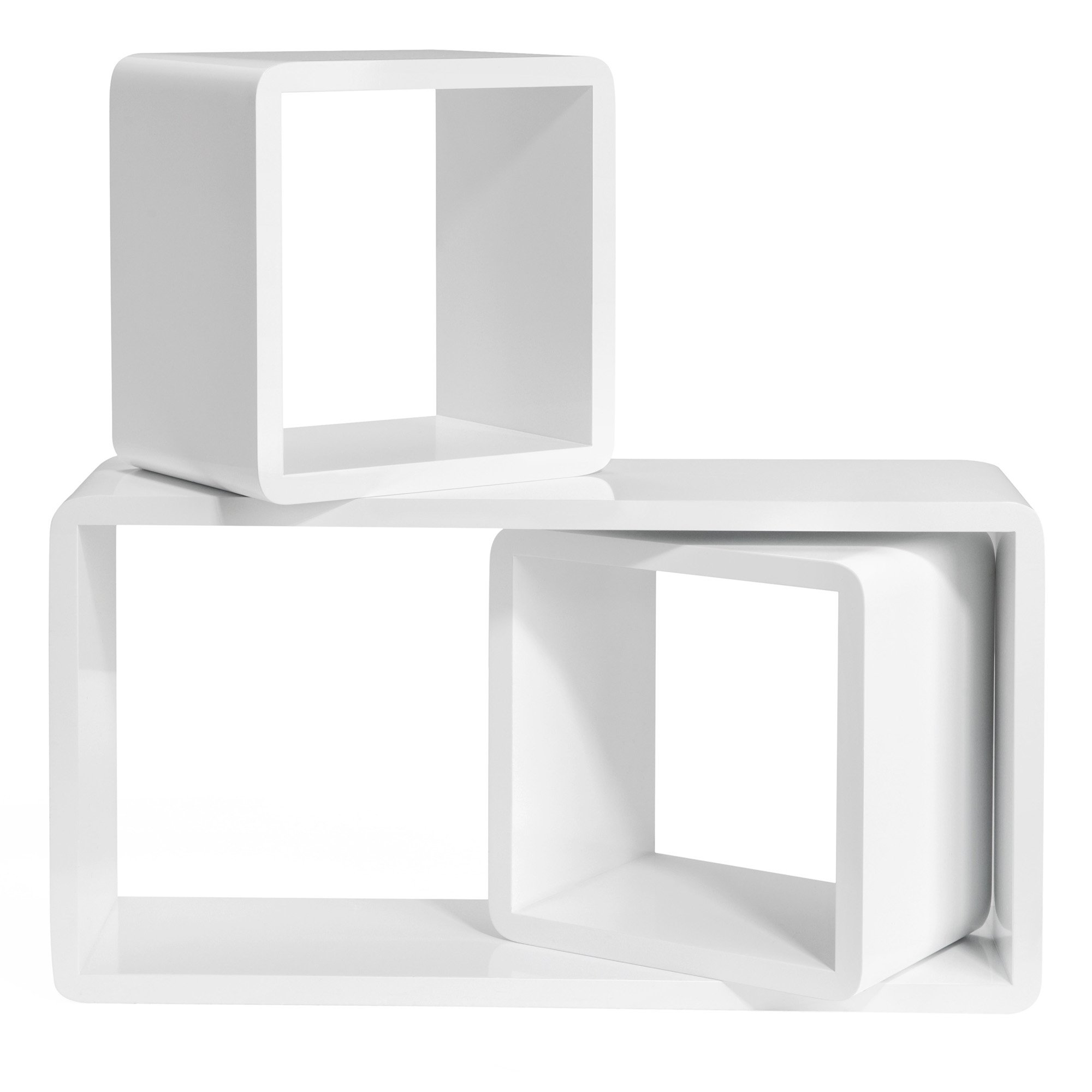 SONGMICS Set of 3 Floating Shelves, Wall Shelves with High Gloss Finish, Wooden Cube Storage Organisers, 15 cm Depth, 50/22/22 cm, White LWS50WT
