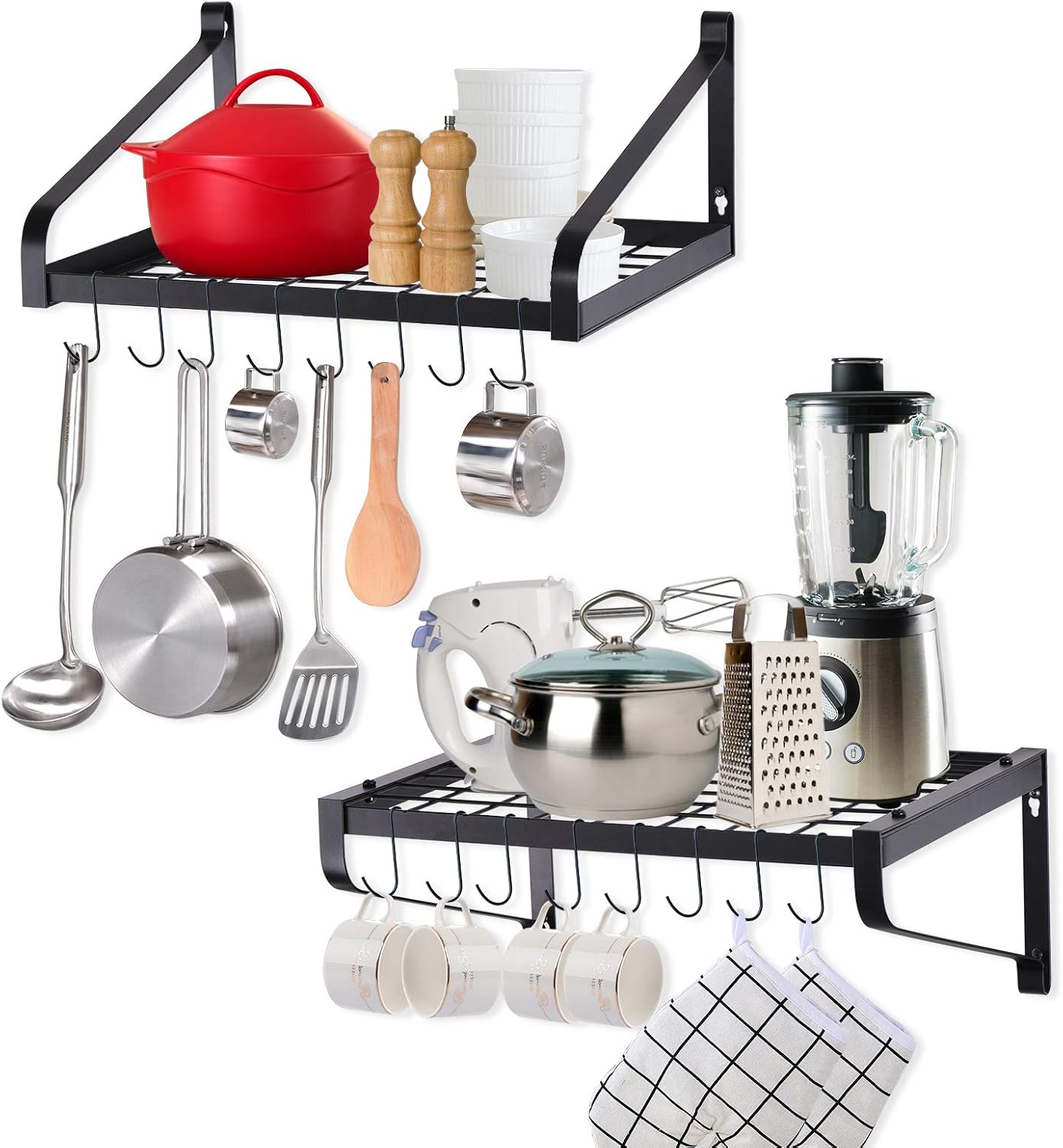 Love-KANKEI Pot Rack Wall Mounted Set of 2 Pan Pot Organizer Wall Shelves with 16 Hooks for Kitchen Cookware Utensils Organization Black: Home & Kitchen