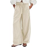Ziqoty Women's Linen Wide Leg Pants Elastic Waist Summer Boho Palazzo Pants Beach Vacation Casual Trousers with Pockets