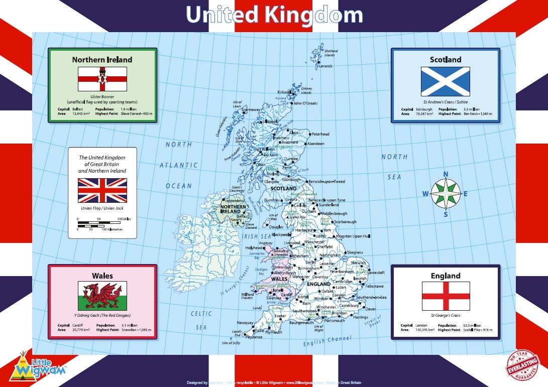 Little Wigwam United Kingdom UK Map "No Tear Guarantee" Educational Poster (60 x 42cm)