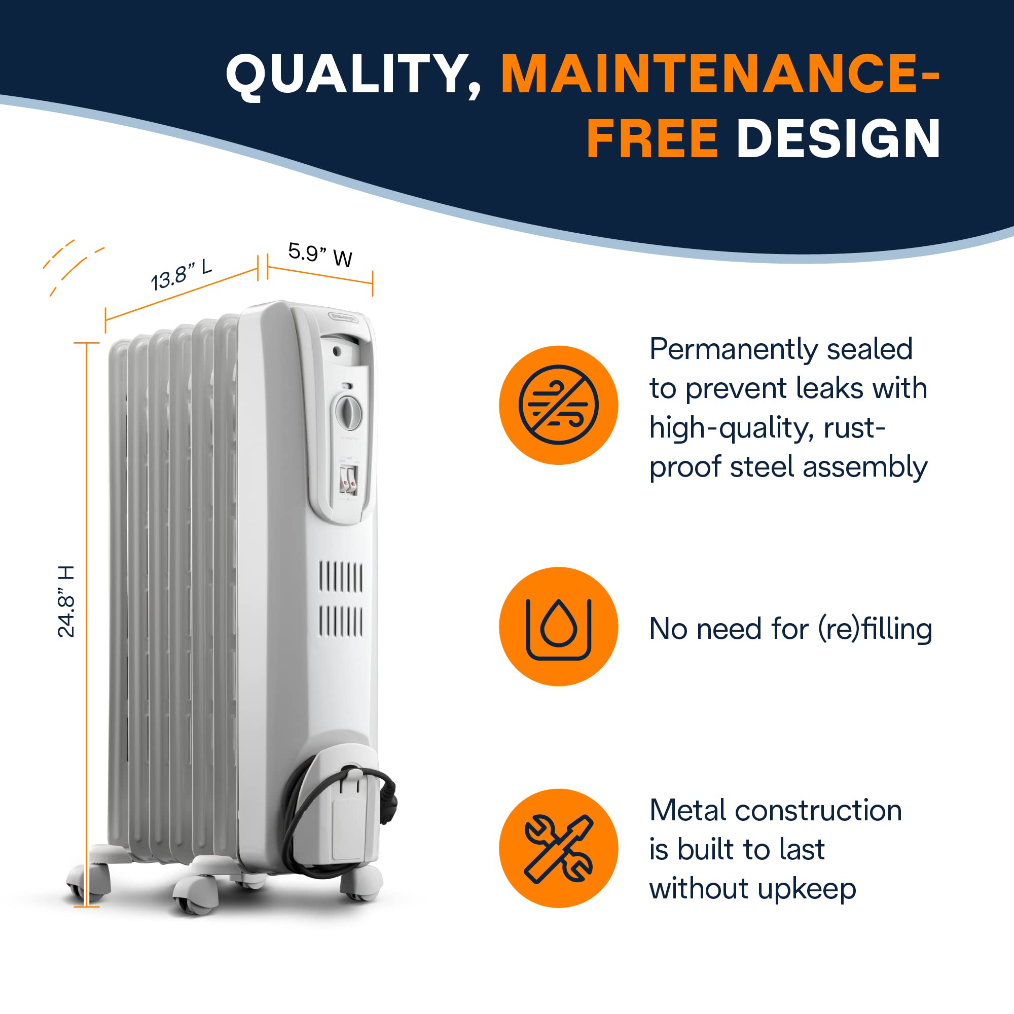 DeLonghi 1500W Oil Filled Radiator Space Heater Quiet, Portable