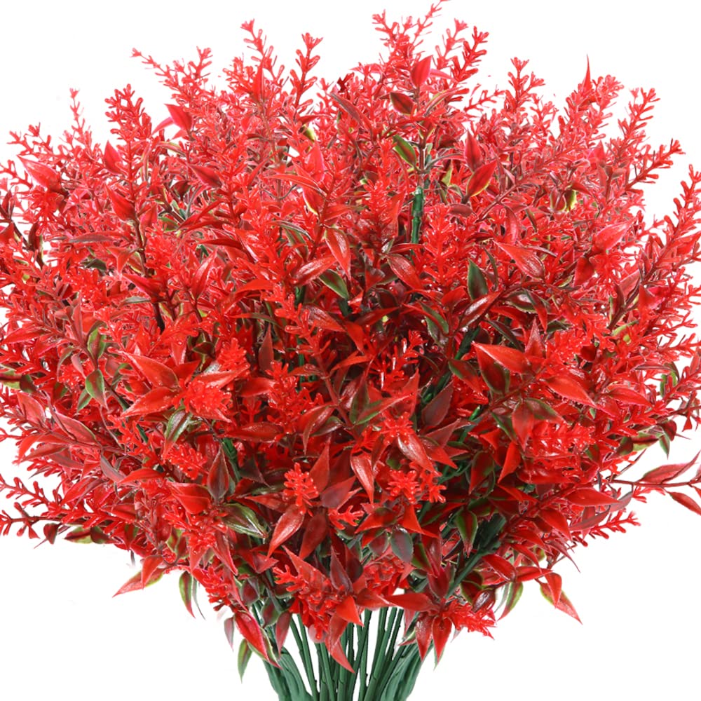 KLEMOO 8 Bundles Outdoor Artificial Lavender Fake Flowers, Lifelike UV Resistant No Fade Faux Plastic Plants to Brighten up Your Garden Patio Porch Window Box Décor (Red)