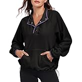 HOUZONIY Womens Button Pullover Fleece Jacket Long Sleeve V Neck Warm Fuzzy Sweatshirt Comfy Sweater Coat with Pockets