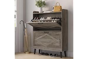 OtterOasis Shoe Storage Cabinet with 2 Flip Drawers, Farmhouse Narrow Shoe Cabinet Storage for Entryway, Hidden Slim Shoe Storage with Wood Legs, Washed Gray