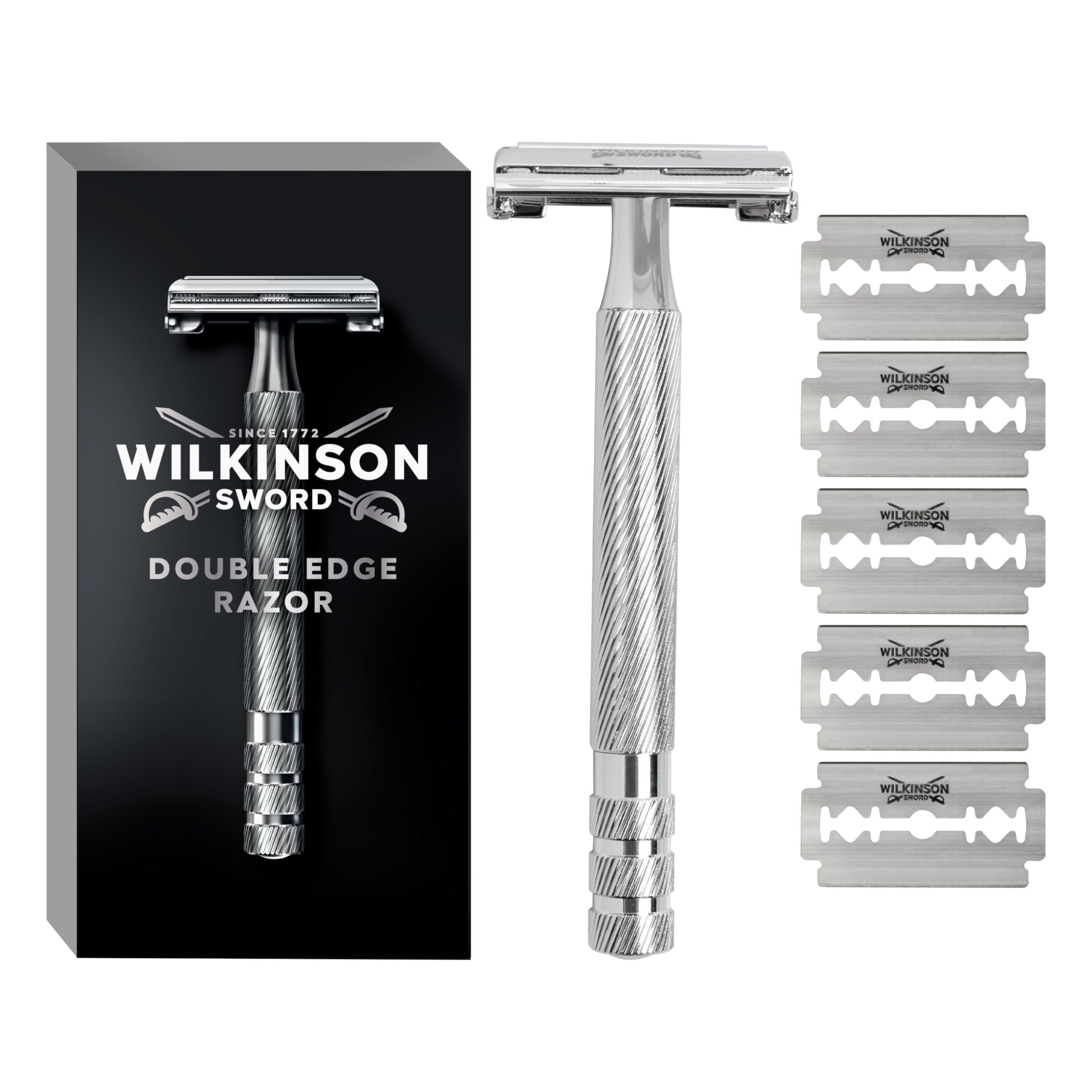Wilkinson Sword Double Edge Razor For Men, Barber's Style Wet Shavers for a Close and Comfortable Shave, 1 Double-Sided Razor Handle plus 5 Blades Refills Pack