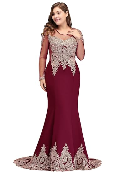 Babyonlinedress® Damen Übergröße Crystal Spitze Applique Langarm Abendkleider Lang Ballkleider Lang