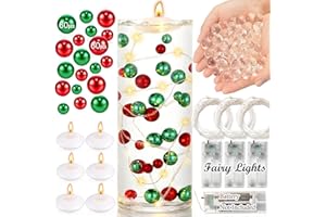 Awfrky 40,130pcs Vase Fillers Set with Clear Water Gel Beads, Floating Pearls Beads, Floating Candles, LED String Lights for Christmas Decoration, Wedding Table Centerpiece(Red+Green)
