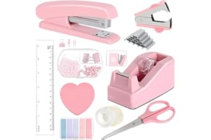 LANDHOPE Office Desk Accessories, Pink Office Supplies Set Desk Accessories for Women, Cute Office Supplies with Stapler, Mini Stapler, Staple Remover, Tape, Clips, Scissor and Tabs, Stationary Set for Student