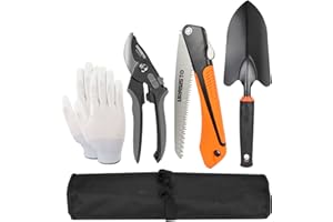 Garden Tool Set URASISTO 4 pcs Gardening Tool kit -Trowel, Folding Saw, Garden Pruner, Gardening Gloves,Roll Up Carry Bag Included, Ideal Garden Tool Kit Gifts for Women and Men