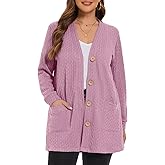 LARACE Open Front Cardigan for Women Cable Knit Sweater with Pockets Plus Size Long Sleeve Tops Button Down Winter Coat