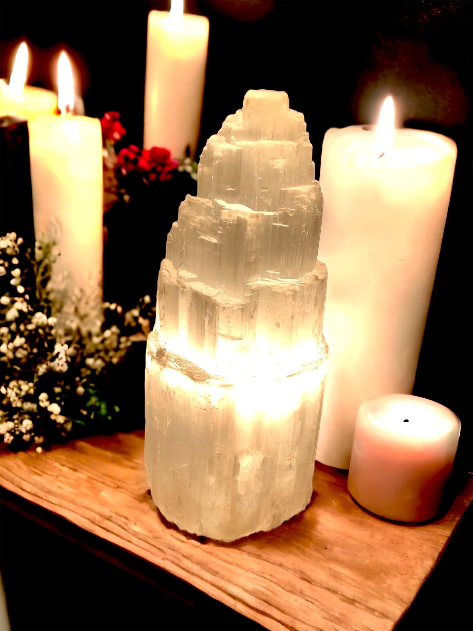 4All Selenite Crystal Lamp Handmade Natural White Selenite Tower Lamp Spiritual Healing Cleanse and Recharge Crystals Table Lamp Meditation Mineral Decoration Gift (20 cm)