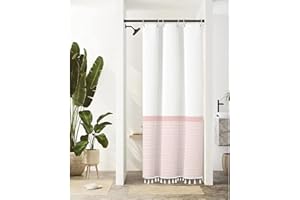 Seasonwood Pink Shower Curtain Tassel White Shower Curtain Chic Modern Farmhouse Shower Curtain for Bathroom Décor，60-inch Heavy Weighted 60 x 72
