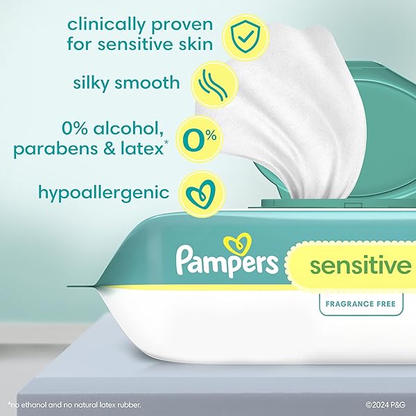 PAMPERS BABY WIPES SENSITIVE, WATER BASED BABY WIPES, HYPOALLERGENIC AND UNSCENTED BABY WIPES, 504 WIPES TOTAL (6 FLIP-TOP PACKS)
