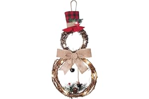 Lvydec Lighted Christmas Wreath Decoration - 16 x 8 Inch Grapevine Wreath with Hat and Bow Snowman Shape Wreath for Front Door Home Wall Decor